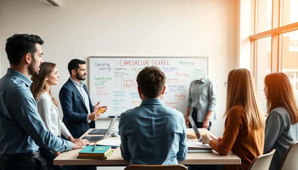 A professional and inspiring classroom setting showcasing the benefits of a bachelor's degree. In the foreground, a diverse group of students dressed in business casual attire engages in a collaborative discussion around a table filled with books and laptops. In the middle ground, a whiteboard displays colorful diagrams and key terms related to career opportunities and personal growth. The background features a bright, modern classroom with large windows letting in warm, natural light, enhancing the atmosphere of learning and ambition. Soft focus on the background emphasizes the students' interactions while conveying an inviting and motivating mood. Use an overhead angle to capture the vibrancy of the scene, highlighting the enthusiasm and potential of academic achievement. A professional and inspiring classroom setting showcasing the benefits of a bachelor's degree. In the foreground, a diverse group of students dressed in business casual attire engages in a collaborative discussion around a table filled with books and laptops. In the middle ground, a whiteboard displays colorful diagrams and key terms related to career opportunities and personal growth. The background features a bright, modern classroom with large windows letting in warm, natural light, enhancing the atmosphere of learning and ambition. Soft focus on the background emphasizes the students' interactions while conveying an inviting and motivating mood. Use an overhead angle to capture the vibrancy of the scene, highlighting the enthusiasm and potential of academic achievement.