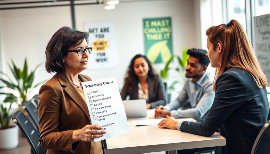 A professional and inviting office environment showcasing a diverse group of individuals discussing scholarship criteria. In the foreground, a middle-aged woman in business attire holds a checklist with points like "academic achievements," "financial need," and "community involvement." Three young professionals, one of Asian descent, one Black, and one Caucasian, are seated around a modern conference table, actively engaging in conversation. The background features a large window letting in natural light, with green plants and motivational posters subtly enhancing the atmosphere of opportunity and growth. The overall mood is focused and collaborative, with soft, warm lighting and a shallow depth of field that emphasizes the participants while gently blurring the background.