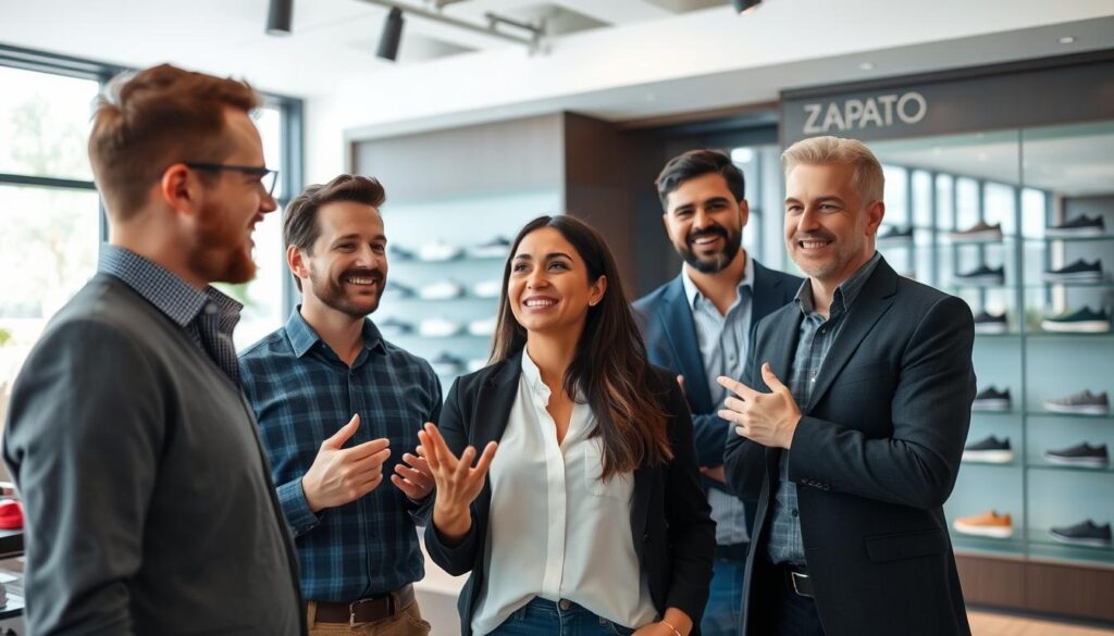 A professional and inviting office environment showcasing a modern shoe retail company, "Zapato." In the foreground, a diverse group of individuals (two men and one woman) in smart casual attire are discussing customer reviews, looking engaged and expressive. The midground features stylish shoe display shelving with various types of footwear visible, reflecting contemporary design. The background includes large windows with natural light pouring in, creating a bright and warm atmosphere. The overall mood is optimistic and collaborative, emphasizing a positive perception of the company. Soft lighting highlights the participants' faces, while a wide-angle perspective captures the dynamic of the setting. Ensure the image is devoid of any text or logos.