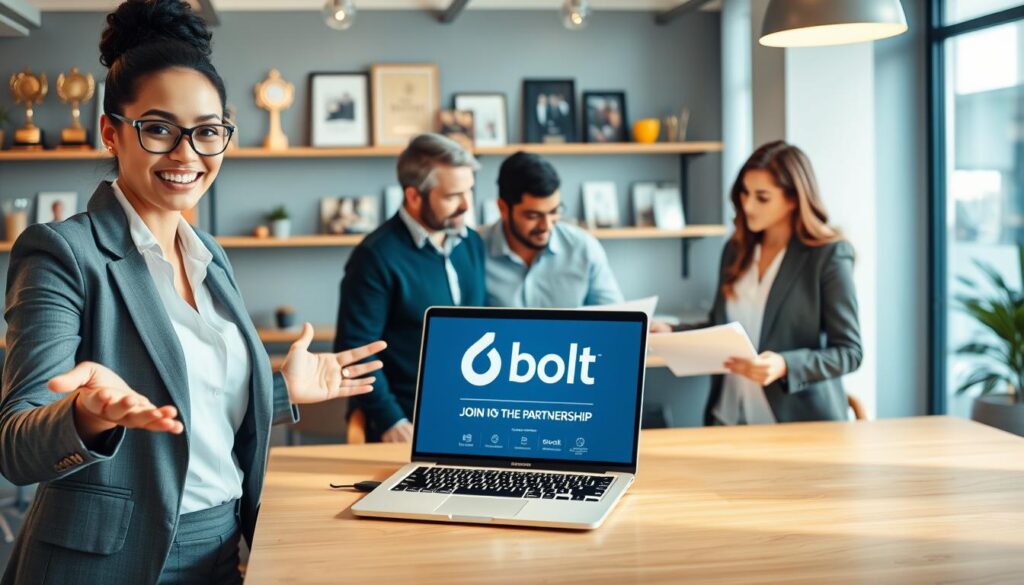 A professional and inviting office setting with a diverse group of individuals engaged in a discussion about joining the Bolt partnership. In the foreground, a confident businesswoman gestures towards a laptop displaying the Bolt logo and partnership information, dressed in smart business attire. In the middle, two individuals, a man and a woman, are engaged in conversation, reviewing documents and sharing ideas, all while appearing enthusiastic and focused. The background shows a modern, well-lit office space with shelves containing awards and team photos, symbolizing success and collaboration. The lighting is warm and inviting, creating a positive atmosphere, with a slight focus on the laptop screen to emphasize the partnership details. The overall mood is professional yet approachable, reflecting teamwork and opportunity. A professional and inviting office setting with a diverse group of individuals engaged in a discussion about joining the Bolt partnership. In the foreground, a confident businesswoman gestures towards a laptop displaying the Bolt logo and partnership information, dressed in smart business attire. In the middle, two individuals, a man and a woman, are engaged in conversation, reviewing documents and sharing ideas, all while appearing enthusiastic and focused. The background shows a modern, well-lit office space with shelves containing awards and team photos, symbolizing success and collaboration. The lighting is warm and inviting, creating a positive atmosphere, with a slight focus on the laptop screen to emphasize the partnership details. The overall mood is professional yet approachable, reflecting teamwork and opportunity.