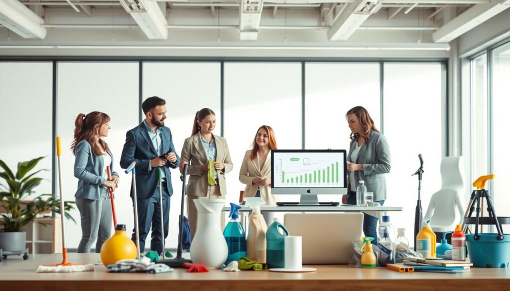 A professional and modern cleaning business office setting. In the foreground, a diverse group of individuals in professional attire, discussing and reviewing cleaning supplies and equipment such as mops, vacuum cleaners, and eco-friendly products. The middle layer features neatly organized cleaning tools and a modern desk with a laptop displaying charts or plans related to starting a business. The background shows large windows with bright natural lighting, illuminating a fresh and welcoming atmosphere. A subtle color scheme of blues and whites creates a clean and polished look, conveying professionalism and efficiency. The overall mood is focused and optimistic, fitting for a section about the initial requirements for starting a cleaning company.