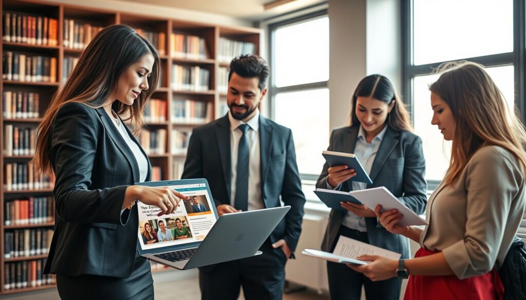 A professional and modern office setting, showcasing a diverse group of individuals engaged in discussions about online postgraduate studies. In the foreground, a well-dressed woman points to a laptop screen displaying a web portal for online courses. In the middle, a man in business attire is taking notes on a notepad, while another person, dressed casually yet appropriately, is viewing documents on a tablet. The background features bookshelves filled with academic literature, softly illuminated by warm, natural light streaming through large windows. The atmosphere is focused and collaborative, capturing the essence of legality and professionalism in online education. The image should have a slightly blurred depth of field to emphasize the subjects.