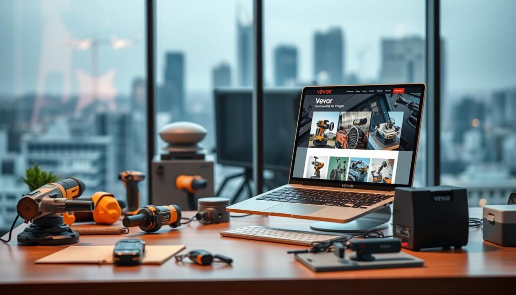 A professional and modern office workspace depicting the essence of Vevor, a company known for its diverse range of tools and equipment. In the foreground, a neatly organized desk with high-quality Vevor products, such as power tools and packaging equipment, showcasing their functionality. The middle layer features a sleek laptop displaying the Vevor website, with vibrant images of their machinery, emphasizing innovation and technology. In the background, a large window allowing natural light to illuminate the scene, with a blurred view of a bustling cityscape, symbolizing a global presence. The atmosphere is informative and professional, suggesting reliability and expertise. Use warm lighting to create an inviting mood while maintaining clarity and focus on the products.