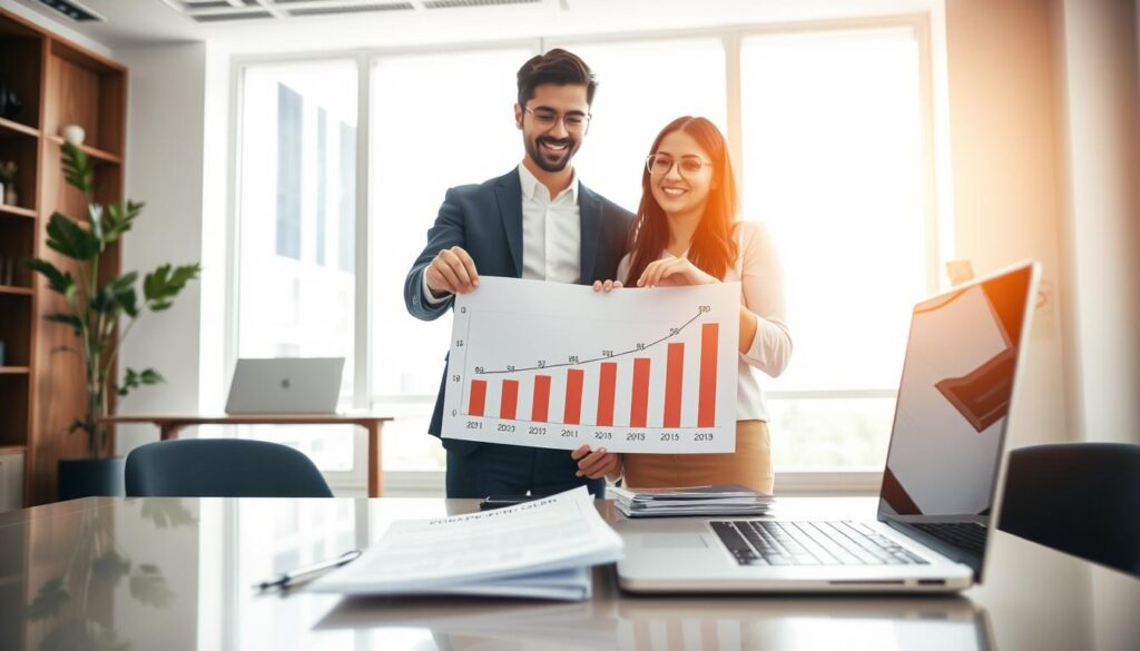 A professional and serene office setting where a young man and woman are engaged in a discussion about educational expenses and taxes. The foreground features a modern desk with a laptop open, accurately displaying paperwork related to educational costs and tax deductions like invoices and documents. In the middle ground, the two individuals, dressed in smart business attire, are pointing to a chart illustrating rising educational costs against a backdrop of tax bills, emphasizing the connection between education and tax benefits. The background shows a bright, airy office with large windows allowing natural light to filter in, creating a welcoming and focused atmosphere. The image conveys a sense of professionalism, collaboration, and the importance of understanding the financial implications of education.
