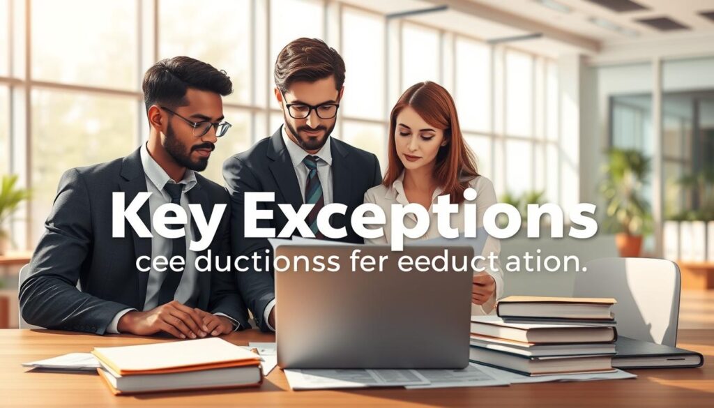 A professional and visually engaging illustration representing "key exceptions" related to tax deductions for education. In the foreground, a diverse group of three professionals in business attire—two men and one woman—are gathered around a table, reviewing documents with expressions of focus and collaboration. The middle ground features an array of educational materials like textbooks, laptop, and tax forms, symbolizing the study aspect. The background shows a bright, modern office environment with large windows allowing natural light to flood in, creating an optimistic and productive atmosphere. The scene captures a sense of determination and clarity, emphasizing the importance of understanding the nuances of tax regulations. The composition should use a wide-angle lens to enhance depth, with soft, warm lighting to convey a welcoming professionalism.