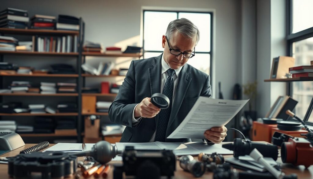 A professional automotive appraiser standing in a well-lit office environment, examining a detailed car report with various car parts laid out in front of them. The appraiser, a middle-aged individual in smart business attire, is focused and analytical, using a magnifying glass to inspect a vehicle component. The background features shelves filled with automotive books and tools, and a large window letting in natural light, casting soft shadows on the desk. The atmosphere is serious yet inspiring, conveying a sense of expertise and dedication. The camera angle is slightly elevated, capturing both the appraiser's concentration and the organized workspace, highlighting the professionalism of the automotive appraisal process.