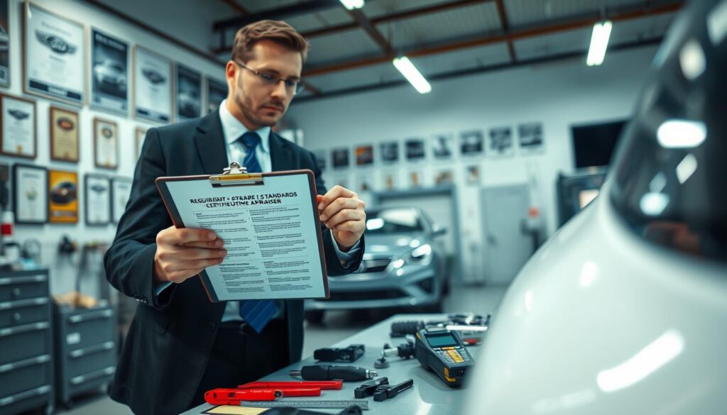 A professional automotive expert, dressed in smart business attire, is engaged in a meticulous inspection of a vehicle in a well-lit automotive workshop. In the foreground, the expert holds a clipboard with detailed requirements and standards for becoming a certified automotive appraiser. Tools and equipment, such as a diagnostic scanner and measuring tools, clutter the table in the middle ground, showcasing the technical aspect of the profession. The workshop is filled with automotive posters and certifications hanging on the walls in the background, contributing to a professional atmosphere. The lighting is bright and clear, emphasizing the seriousness of the subject, while the angle captures a dynamic view of the inspection in progress, conveying a sense of dedication and expertise in the automotive field.
