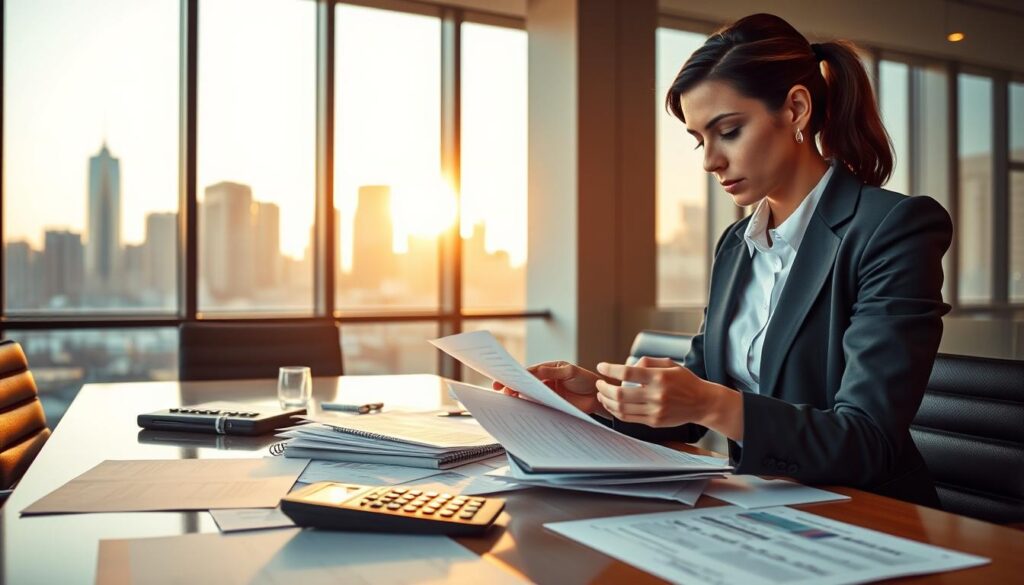 A professional business environment illustrating the concept of "Key Exceptions to VAT Payments". In the foreground, a focused businesswoman in professional attire analyzing documents and charts, showcasing determination and expertise. In the middle, a conference table with various financial papers, tax forms, and a calculator, symbolizing active discussion and analysis. In the background, a large window with natural light streaming in, illuminating a city skyline, creating an atmosphere of productivity and urgency. The scene should have a warm, inviting color palette, with bright highlights and soft shadows, emphasizing clarity and professionalism. Use a standard lens for a well-composed shot, capturing the essence of financial diligence and the importance of understanding VAT exceptions. A professional business environment illustrating the concept of "Key Exceptions to VAT Payments". In the foreground, a focused businesswoman in professional attire analyzing documents and charts, showcasing determination and expertise. In the middle, a conference table with various financial papers, tax forms, and a calculator, symbolizing active discussion and analysis. In the background, a large window with natural light streaming in, illuminating a city skyline, creating an atmosphere of productivity and urgency. The scene should have a warm, inviting color palette, with bright highlights and soft shadows, emphasizing clarity and professionalism. Use a standard lens for a well-composed shot, capturing the essence of financial diligence and the importance of understanding VAT exceptions.