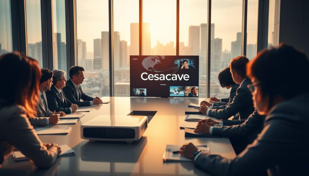 A professional business meeting room with a modern aesthetic, featuring a large conference table surrounded by people in business attire, discussing a digital presentation about Cesare Cave company. The foreground shows engaged participants taking notes and leaning forward, conveying interest. In the middle ground, a sleek, high-tech projector displays the Cesare Cave logo on a screen with engaging visuals related to the company’s activities. The background features glass windows with a city skyline, casting natural light into the room. The overall atmosphere is one of professionalism and curiosity, highlighting the business's significance and reputation. The lighting is bright and inviting, with a warm color tone to create a welcoming environment.
