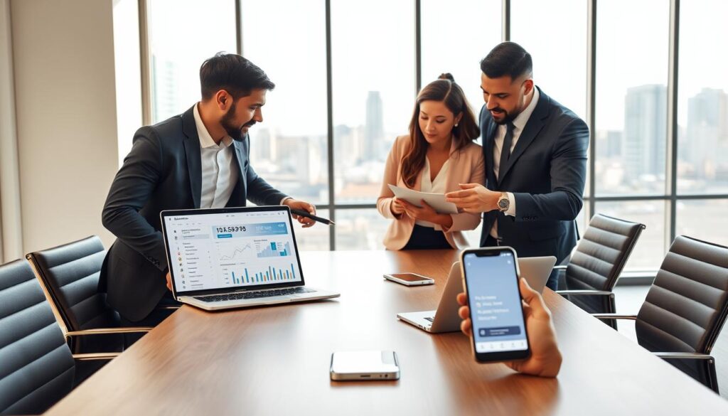 A professional business meeting setting focusing on the concept of partnership with Bolt. In the foreground, a diverse group of three individuals—two men and one woman—dressed in smart casual business attire, are engaged in discussion while examining a laptop displaying a dashboard with analytics and partnership terms. In the middle ground, a modern conference table is surrounded by sleek office chairs, with a smartphone showing the Bolt app interface. The background showcases a large window with the city skyline visible, letting in bright, natural light that creates a warm and inviting atmosphere. The overall mood is collaborative and dynamic, emphasizing the innovative nature of business partnerships. The camera angle is slightly above eye level for a comprehensive view of the discussion. A professional business meeting setting focusing on the concept of partnership with Bolt. In the foreground, a diverse group of three individuals—two men and one woman—dressed in smart casual business attire, are engaged in discussion while examining a laptop displaying a dashboard with analytics and partnership terms. In the middle ground, a modern conference table is surrounded by sleek office chairs, with a smartphone showing the Bolt app interface. The background showcases a large window with the city skyline visible, letting in bright, natural light that creates a warm and inviting atmosphere. The overall mood is collaborative and dynamic, emphasizing the innovative nature of business partnerships. The camera angle is slightly above eye level for a comprehensive view of the discussion.