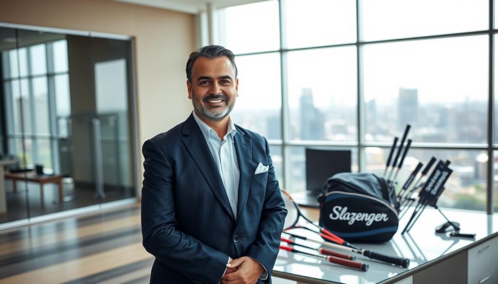 A professional business owner representing the Slazenger brand, standing confidently in a stylish office setting. The foreground features the owner, a middle-aged individual of Middle-Eastern descent, dressed in a sharp navy blue suit and crisp white shirt, exuding authority and professionalism. In the middle ground, there is a sleek desk with branded Slazenger sports equipment, like tennis rackets and golf clubs, symbolizing the brand's heritage. The background reveals large windows with a view of a modern city, allowing natural light to filter in, creating a bright and energetic atmosphere. The camera angle is slightly low, emphasizing the stature and confidence of the owner, radiating a sense of trust and brand legacy. The overall mood is inspiring and professional, ideal for a business-focused article.