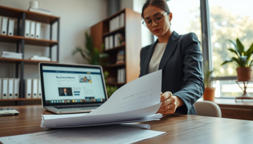 A professional business setting depicting a woman in modest business attire, standing confidently at a desk, filling out formal paperwork for CEIDG registration. The foreground features a close-up of the paperwork, highlighting sections like 'Business Name' and 'Tax ID'. In the middle, a laptop screen shows a CEIDG website, symbolizing the online registration process. The background contains a modern office environment with shelves of business books, potted plants for a lively touch, and a large window allowing warm, natural light to stream in. The mood is focused and determined, showcasing the important step of establishing a company with clarity and professionalism. The angle is slightly elevated, capturing both the desk and the woman’s engaged expression, ensuring the atmosphere reflects dedication and ambition. A professional business setting depicting a woman in modest business attire, standing confidently at a desk, filling out formal paperwork for CEIDG registration. The foreground features a close-up of the paperwork, highlighting sections like 'Business Name' and 'Tax ID'. In the middle, a laptop screen shows a CEIDG website, symbolizing the online registration process. The background contains a modern office environment with shelves of business books, potted plants for a lively touch, and a large window allowing warm, natural light to stream in. The mood is focused and determined, showcasing the important step of establishing a company with clarity and professionalism. The angle is slightly elevated, capturing both the desk and the woman’s engaged expression, ensuring the atmosphere reflects dedication and ambition.