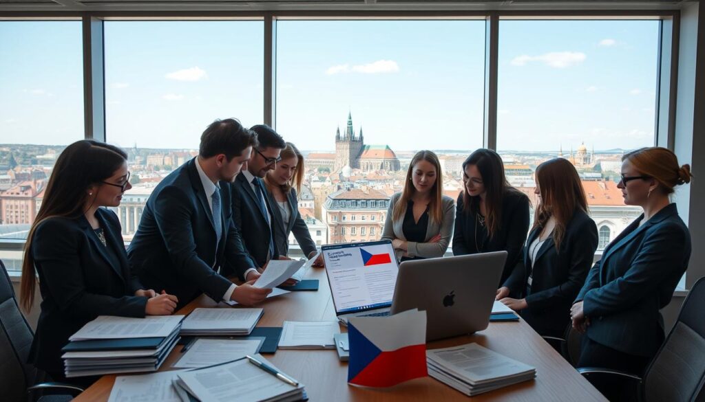 A professional business setting depicting the process of company registration in the Czech Republic. In the foreground, a diverse group of individuals in smart business attire are gathered around a table, reviewing documents and discussing plans. The middle ground features a laptop open with a registration website visible, alongside stacks of legal papers and a Czech flag subtly displayed. In the background, a large window reveals a view of a modern Prague skyline, filled with historical architecture and a clear blue sky. The lighting is bright and inviting, creating an atmosphere of collaboration and progress. The camera angle is slightly above eye level, giving a comprehensive view of the scene, suggesting an official yet welcoming environment for entrepreneurship.