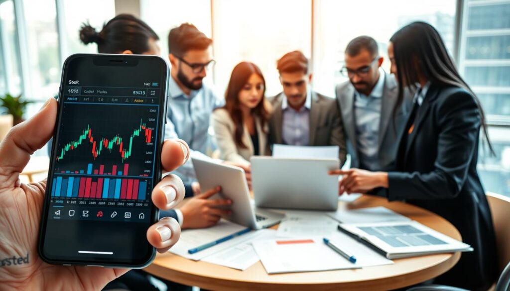 A professional business setting featuring a diverse group of individuals in professional attire engaged in a collaborative discussion about buying stocks. In the foreground, a close-up of a hand holding a smartphone displaying stock charts, emphasizing modern investment tools. In the middle ground, a round table with laptops, financial documents, and stock trading books, surrounded by focused individuals of various ethnicities, intently discussing and pointing at charts on a laptop screen. The background shows a bright office space with large windows, allowing natural light to flood in, creating a positive and motivating atmosphere. The overall mood is dynamic and inspiring, capturing the essence of teamwork in financial decision-making. A professional business setting featuring a diverse group of individuals in professional attire engaged in a collaborative discussion about buying stocks. In the foreground, a close-up of a hand holding a smartphone displaying stock charts, emphasizing modern investment tools. In the middle ground, a round table with laptops, financial documents, and stock trading books, surrounded by focused individuals of various ethnicities, intently discussing and pointing at charts on a laptop screen. The background shows a bright office space with large windows, allowing natural light to flood in, creating a positive and motivating atmosphere. The overall mood is dynamic and inspiring, capturing the essence of teamwork in financial decision-making.