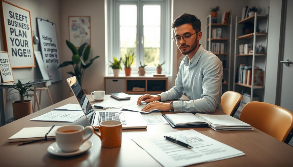 A professional business setting featuring a young entrepreneur working at a sleek desk, filled with various documents and a laptop open to display a business plan. In the foreground, there are business tools like a notepad, a coffee cup, and a pen, emphasizing a focused work environment. The middle area shows a large window with natural light streaming in, illuminating a neat office space decorated with motivational posters and houseplants. In the background, view shelves filled with books on entrepreneurship. The atmosphere is motivated and determined, reflecting the journey of starting a sole proprietorship. The lens should capture the warm, inviting colors of the room, creating an inspiring vibe for aspiring business owners. The overall mood is one of productivity and ambition, with a clean and organized finish.