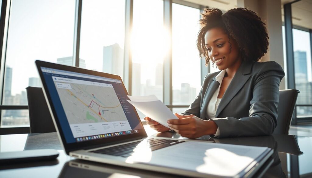 A professional business setting focused on the process of changing a company's address. In the foreground, a well-dressed, diverse businesswoman is seated at a sleek, modern desk, thoughtfully reviewing paperwork. The middle ground features an open laptop displaying a digital interface with a map and address forms, symbolizing the bureaucratic aspect of the address change. In the background, a large window reveals a city skyline, bright sunlight illuminating the scene, creating an optimistic and productive atmosphere. The angle is slightly elevated, capturing the essence of professionalism and organization. The overall mood is focused and efficient, emphasizing a step-by-step approach to administrative tasks. A professional business setting focused on the process of changing a company's address. In the foreground, a well-dressed, diverse businesswoman is seated at a sleek, modern desk, thoughtfully reviewing paperwork. The middle ground features an open laptop displaying a digital interface with a map and address forms, symbolizing the bureaucratic aspect of the address change. In the background, a large window reveals a city skyline, bright sunlight illuminating the scene, creating an optimistic and productive atmosphere. The angle is slightly elevated, capturing the essence of professionalism and organization. The overall mood is focused and efficient, emphasizing a step-by-step approach to administrative tasks.