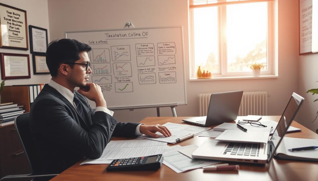 A professional business setting illustrating the concept of "Choosing a Taxation Form" for a sole proprietorship. In the foreground, a businessperson, dressed in formal attire, is sitting at a desk covered with financial documents, a calculator, and a laptop, deep in thought. The middle background features a whiteboard with charts and graphs illustrating different taxation options, while a window allows natural light to flood the room, creating a warm atmosphere. On the wall, there are framed certificates and motivational quotes about entrepreneurship. The image captures a moment of contemplation and decision-making, showcasing the importance of selecting the right taxation form for a business. The overall mood is focused and professional, highlighting the significance of informed choices in the business world.