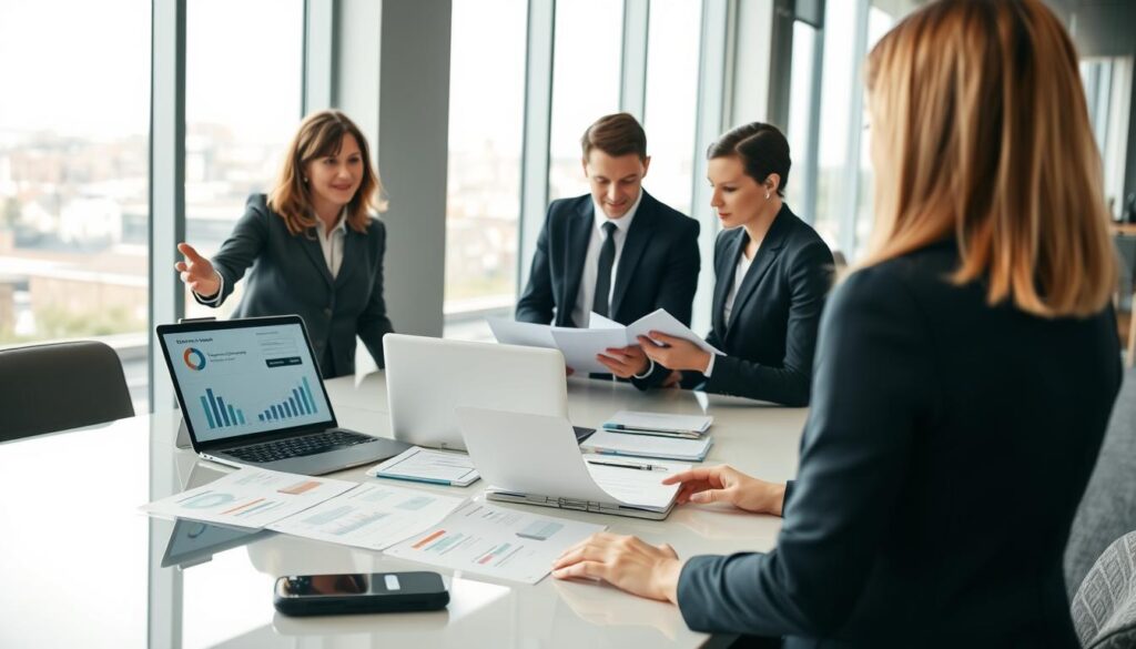 A professional business setting in Ireland, showcasing a diverse group of individuals dressed in smart business attire engaged in a dynamic discussion. In the foreground, a confident middle-aged woman presenting a business plan on a laptop, with charts and graphs visible on the screen. In the middle ground, two young professionals are taking notes while reviewing business documents spread out on a sleek conference table. The background features a bright, modern office with large windows, offering a view of Dublin's skyline. Soft, natural lighting floods the room, creating an inviting and inspiring atmosphere. A focus on collaboration and innovation, capturing the essence of establishing a business in Ireland, without any text, logos, or distracting elements.