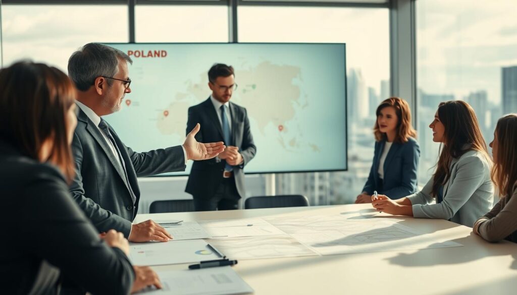 A professional business setting showcasing a team of diverse individuals discussing plans over a large table. In the foreground, a middle-aged Polish man, dressed in a tailored suit, gestures as he points at a large map of Poland displayed on a screen behind him, highlighting specific locations. The middle section depicts a modern office environment with large windows, allowing natural light to flood in, creating an inviting atmosphere. In the background, the skyline of a Polish city is visible, hinting at modern architecture and landmarks. The mood is collaborative and focused, emphasizing business professionalism and teamwork. Use soft, natural lighting to convey a sense of optimism and opportunity, with a slight depth of field to keep the focus on the team. A professional business setting showcasing a team of diverse individuals discussing plans over a large table. In the foreground, a middle-aged Polish man, dressed in a tailored suit, gestures as he points at a large map of Poland displayed on a screen behind him, highlighting specific locations. The middle section depicts a modern office environment with large windows, allowing natural light to flood in, creating an inviting atmosphere. In the background, the skyline of a Polish city is visible, hinting at modern architecture and landmarks. The mood is collaborative and focused, emphasizing business professionalism and teamwork. Use soft, natural lighting to convey a sense of optimism and opportunity, with a slight depth of field to keep the focus on the team.
