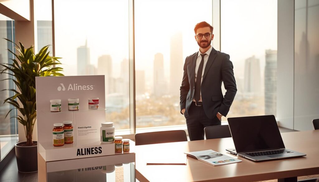 A professional business setting showcasing the Aliness brand. In the foreground, a confident businessperson in smart casual attire stands beside a modern display featuring Aliness products, such as health supplements. The middle ground features a sleek conference table with a few open laptops and business literature about the company. The background includes a large glass window showing a vibrant cityscape bathed in soft afternoon light, emphasizing innovation and growth. The atmosphere is welcoming and professional, suggesting a strong corporate identity. The lighting is bright yet warm, creating an inviting ambiance. The image should capture the essence of the company, its ownership, and public perception without any text or distractions. A professional business setting showcasing the Aliness brand. In the foreground, a confident businessperson in smart casual attire stands beside a modern display featuring Aliness products, such as health supplements. The middle ground features a sleek conference table with a few open laptops and business literature about the company. The background includes a large glass window showing a vibrant cityscape bathed in soft afternoon light, emphasizing innovation and growth. The atmosphere is welcoming and professional, suggesting a strong corporate identity. The lighting is bright yet warm, creating an inviting ambiance. The image should capture the essence of the company, its ownership, and public perception without any text or distractions.