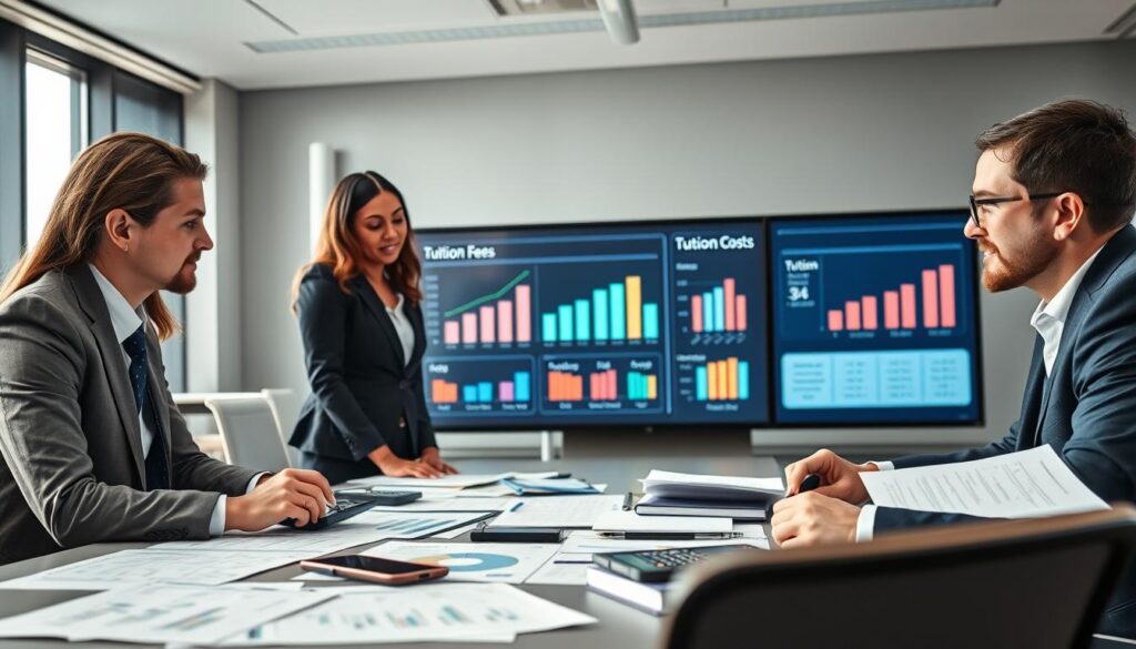A professional business setting showcasing various cost factors related to MBA studies. In the foreground, a diverse group of three individuals in business attire engaged in a discussion over a table filled with charts, calculators, and financial documents. The middle ground features a large digital screen displaying graphs and cost breakdowns such as tuition fees, textbook prices, and living expenses. The background reveals a modern classroom with sleek furniture and large windows allowing natural light to pour in, creating an inspiring and focused atmosphere. The overall mood is intellectual and analytical, highlighting the importance of understanding the financial implications of pursuing an MBA. The scene is well-lit, emphasizing the details of the materials on the table and the expressions of the participants.
