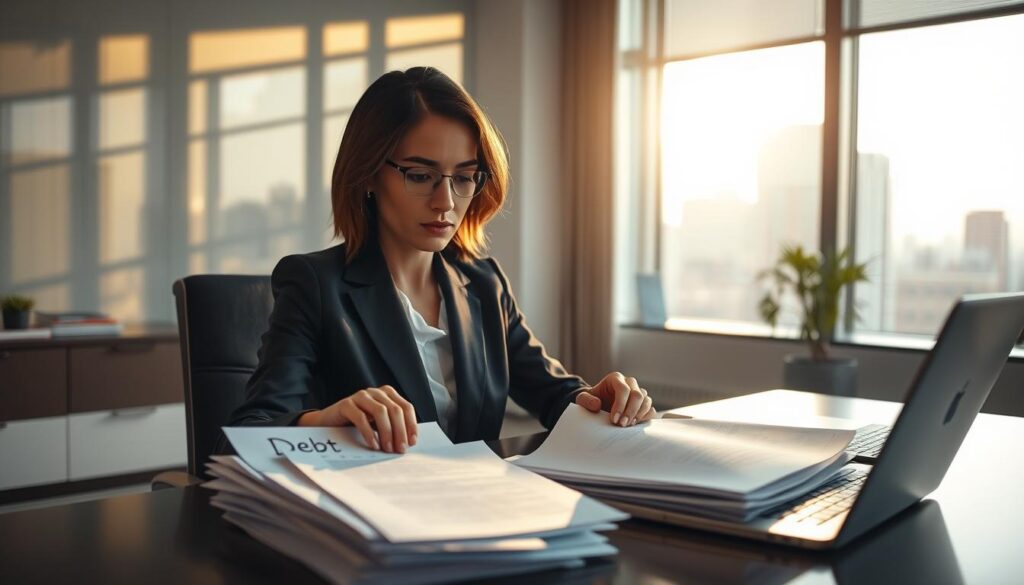 A professional businesswoman in a smart suit, sitting at a modern office desk, examining a pile of papers labeled 'Debt' and 'Expired'. Her expression is focused and contemplative, symbolizing the weight of dealing with expired debt. In the background, a large window reveals a cityscape, illuminated by soft, warm sunlight, casting gentle shadows across the room. The atmosphere conveys a sense of introspection and resolution. The office is tidy and organized, with a few plants and a laptop on the desk enhancing the professional environment. The image should be captured from a slightly elevated angle to provide a clear view of the subject's expressions and workspace, while creating an inviting and contemplative mood.