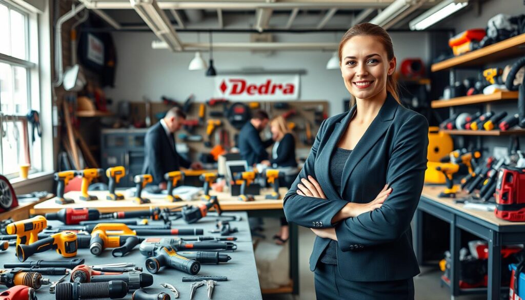A professional businesswoman representing Dedra, a leader in the tool industry in Poland, stands confidently in a modern workshop filled with various high-quality tools and equipment. She wears smart business attire, reflecting professionalism and expertise. In the foreground, a sleek, organized workbench showcases Dedra tools, emphasizing innovation and quality. The middle ground features vibrant displays of power tools and hand tools prominently branded with the Dedra logo, symbolizing reliability and craftsmanship. The background shows an engaged team collaborating, creating a dynamic work environment under bright, natural lighting that brings out the colors of the tools and the professionalism of the setting. The overall mood is one of ambition and leadership, inspiring confidence in the Dedra brand.