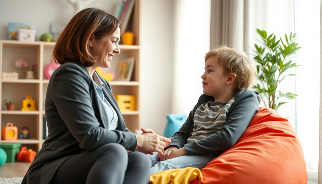 A professional child psychologist in a cozy office setting, warmly interacting with a young child sitting on a colorful beanbag. The psychologist, a woman in modest business attire, is smiling and attentively listening, conveying a sense of trust and comfort. The room is filled with cheerful, educational toys and books on shelves in the background. Soft, natural light filters through a window adorned with light curtains, creating a bright and inviting atmosphere. A potted plant adds a touch of greenery to the scene. The perspective is slightly angled to emphasize the connection between the psychologist and the child, capturing the essence of child psychology and its supportive nature.