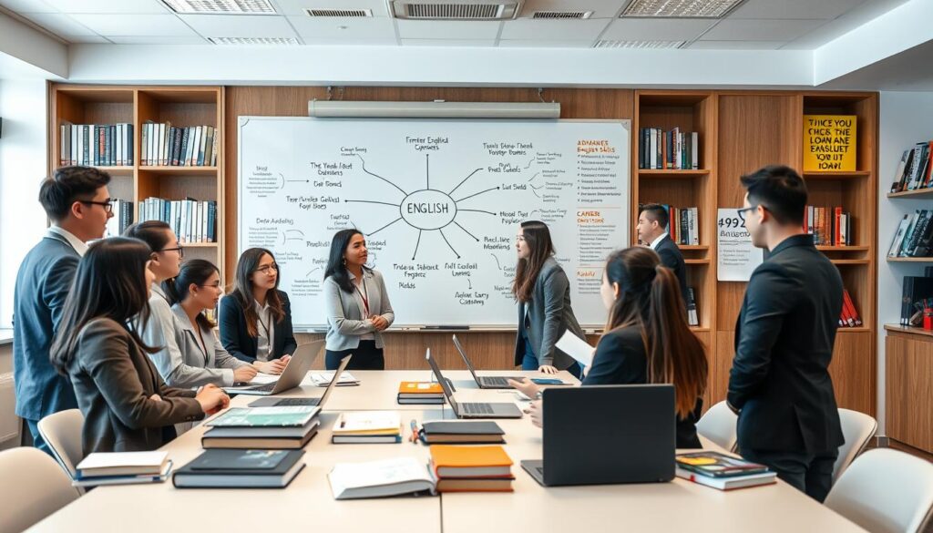 A professional classroom setting highlighting the importance of the English language in academic choices. In the foreground, a diverse group of students, dressed in professional business attire, are actively engaging in a discussion around a large table filled with books and laptops. The middle ground features a whiteboard with mind maps depicting various study fields, illustrating the connection between advanced English skills and career paths. In the background, shelves filled with educational materials and inspirational posters about language and career growth can be seen. The lighting is bright and inviting, suggesting a positive atmosphere of learning and collaboration. The image captures a sense of ambition and the significance of language in education, emphasizing the theme of English as a foundational skill for future success. A professional classroom setting highlighting the importance of the English language in academic choices. In the foreground, a diverse group of students, dressed in professional business attire, are actively engaging in a discussion around a large table filled with books and laptops. The middle ground features a whiteboard with mind maps depicting various study fields, illustrating the connection between advanced English skills and career paths. In the background, shelves filled with educational materials and inspirational posters about language and career growth can be seen. The lighting is bright and inviting, suggesting a positive atmosphere of learning and collaboration. The image captures a sense of ambition and the significance of language in education, emphasizing the theme of English as a foundational skill for future success.