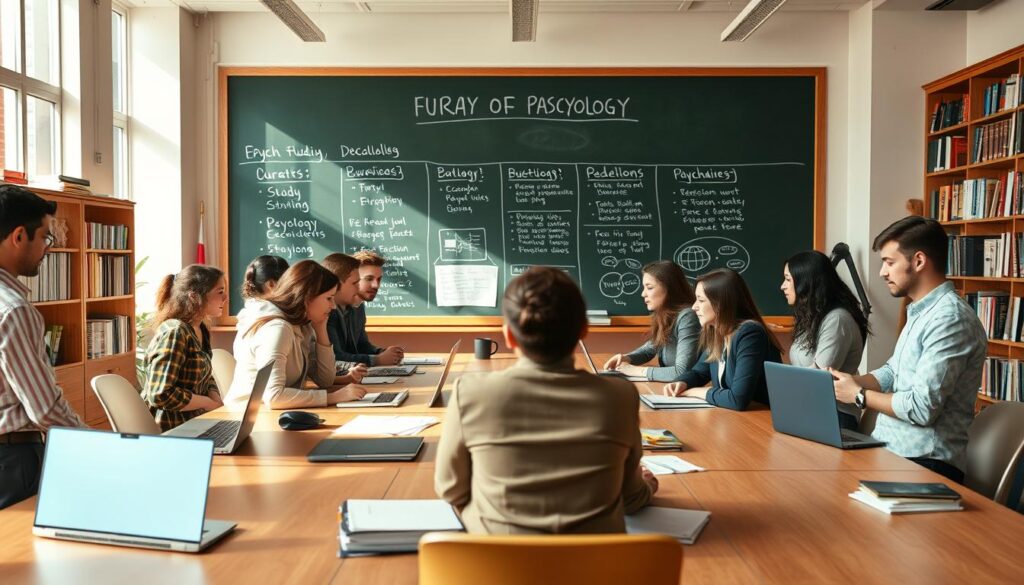 A professional classroom setting portraying the duration of psychology studies. In the foreground, a diverse group of students, dressed in smart casual attire, are engaged in a discussion around a long table filled with study materials and laptops. The middle ground features a chalkboard with diagrams of study schedules and different educational paths in psychology, symbolizing various training forms. The background showcases shelves filled with psychology books and academic awards, creating an inspiring scholarly atmosphere. Natural daylight streams in through large windows, creating a warm and inviting tone. The lens captures the scene from a slightly elevated angle to encompass the entire classroom, fostering a sense of collaboration and focused learning.