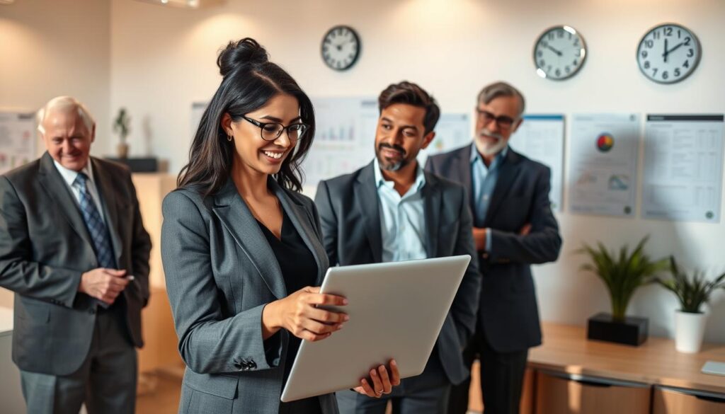 A professional, clean office setting featuring a diverse group of three customers discussing their experiences with Vevor products. In the foreground, a focused woman in business attire is holding a laptop, with a satisfied expression as she points to the screen. To her right, a man in a smart casual outfit nods in agreement, while on the left, an elderly gentleman in a formal suit shares his thoughts, looking thoughtful. In the background, a stylish office with charts and a clock on the wall exhibits a bright, well-lit atmosphere. The lighting is soft and warm, casting gentle shadows that enhance the professional vibe. The mood is positive and engaging, reflecting thoughtful discussions and customer satisfaction.