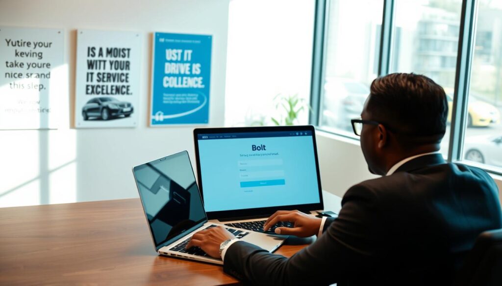 A professional driver registering for the Bolt service at a bright, modern office setting. In the foreground, a well-dressed individual in business attire is seated at a desk, filling out an online registration form on a laptop. The middle ground features an open laptop with a clear view of the Bolt registration page displayed on the screen. In the background, there are motivational posters about driving and service excellence on the walls, with a large window letting in natural light, creating an inviting atmosphere. The scene conveys a sense of ambition and professionalism, with soft shadows and warm lighting to enhance the positive mood of starting a new journey as a driver for Bolt. A professional driver registering for the Bolt service at a bright, modern office setting. In the foreground, a well-dressed individual in business attire is seated at a desk, filling out an online registration form on a laptop. The middle ground features an open laptop with a clear view of the Bolt registration page displayed on the screen. In the background, there are motivational posters about driving and service excellence on the walls, with a large window letting in natural light, creating an inviting atmosphere. The scene conveys a sense of ambition and professionalism, with soft shadows and warm lighting to enhance the positive mood of starting a new journey as a driver for Bolt.