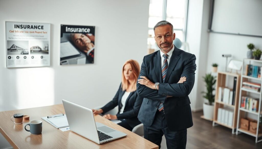 A professional insurance agent in a smart business suit, confidently standing in the foreground, engaging with a couple sitting at a modern office desk. The couple appears engaged and interested, discussing insurance options. The middle ground features a sleek laptop open with documents and a coffee mug on the desk, reflecting a productive atmosphere. In the background, a well-organized office space with insurance posters and shelves filled with brochures, showcasing a bright and welcoming environment. Soft, natural lighting streaming through large windows enhances the professional yet approachable mood. The composition is shot from a slightly low angle, emphasizing the agent's authority and the importance of their role, creating a sense of trust and professionalism in the scene. A professional insurance agent in a smart business suit, confidently standing in the foreground, engaging with a couple sitting at a modern office desk. The couple appears engaged and interested, discussing insurance options. The middle ground features a sleek laptop open with documents and a coffee mug on the desk, reflecting a productive atmosphere. In the background, a well-organized office space with insurance posters and shelves filled with brochures, showcasing a bright and welcoming environment. Soft, natural lighting streaming through large windows enhances the professional yet approachable mood. The composition is shot from a slightly low angle, emphasizing the agent's authority and the importance of their role, creating a sense of trust and professionalism in the scene.