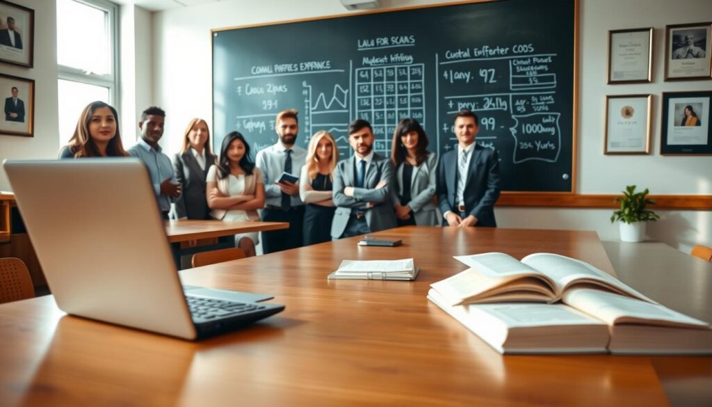 A professional, inviting classroom setting focused on the cost of legal studies in Poland. In the foreground, a polished wooden desk with a laptop, open books on law, and a calculator, symbolizing study planning and financial considerations. In the middle ground, a diverse group of students of various ethnic backgrounds dressed in business casual attire, engaged in discussion about expenses related to legal education, with expressions of contemplation and determination. The background features a large chalkboard with financial graphs and charts, framed diplomas on the wall, and light streaming in through large windows, creating a warm, motivating atmosphere. The overall mood is serious yet hopeful, emphasizing the investment in education. Soft, natural lighting enhances the professional environment. A professional, inviting classroom setting focused on the cost of legal studies in Poland. In the foreground, a polished wooden desk with a laptop, open books on law, and a calculator, symbolizing study planning and financial considerations. In the middle ground, a diverse group of students of various ethnic backgrounds dressed in business casual attire, engaged in discussion about expenses related to legal education, with expressions of contemplation and determination. The background features a large chalkboard with financial graphs and charts, framed diplomas on the wall, and light streaming in through large windows, creating a warm, motivating atmosphere. The overall mood is serious yet hopeful, emphasizing the investment in education. Soft, natural lighting enhances the professional environment.