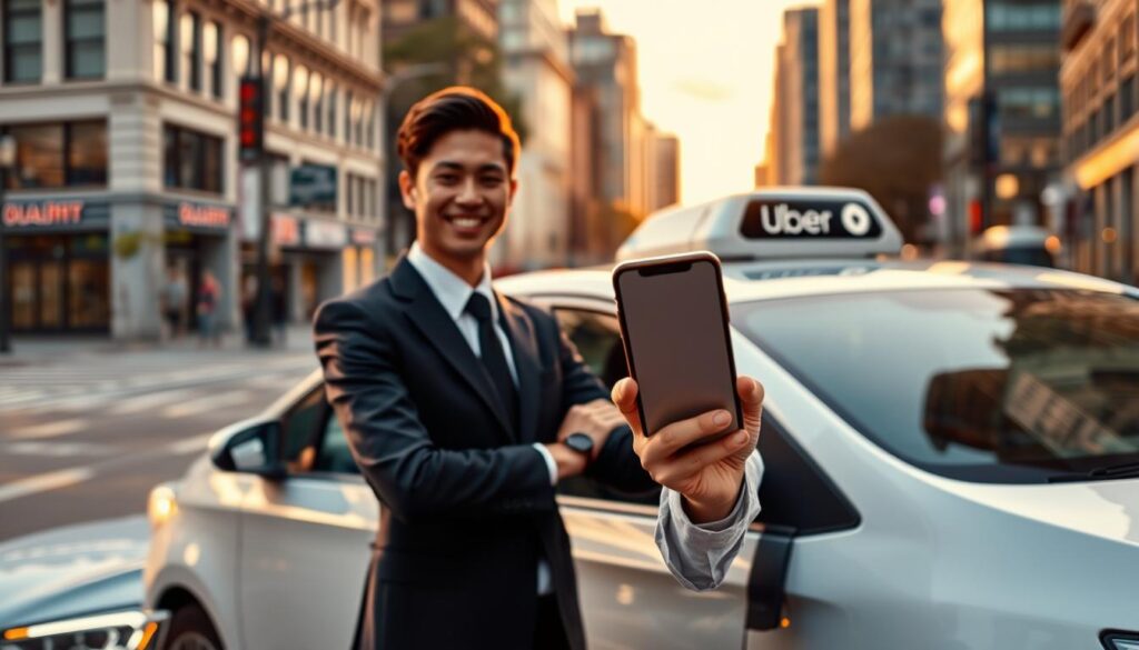A professional-looking driver wearing a neat business attire stands beside a bright and modern Uber car, showcasing a smartphone in hand with the Uber app open. In the foreground, the driver displays a confident smile as they prepare to start their journey. In the middle ground, urban streets are visible, with well-defined buildings and clear signage indicating it's a bustling city. The background features a sunset, casting warm golden hour light, creating an inviting and optimistic atmosphere. Soft lens focus on the driver emphasizes their readiness, while the city backdrop remains slightly blurred to maintain depth. The image conveys a sense of professionalism and opportunity, ideal for aspiring Uber drivers beginning their journey. A professional-looking driver wearing a neat business attire stands beside a bright and modern Uber car, showcasing a smartphone in hand with the Uber app open. In the foreground, the driver displays a confident smile as they prepare to start their journey. In the middle ground, urban streets are visible, with well-defined buildings and clear signage indicating it's a bustling city. The background features a sunset, casting warm golden hour light, creating an inviting and optimistic atmosphere. Soft lens focus on the driver emphasizes their readiness, while the city backdrop remains slightly blurred to maintain depth. The image conveys a sense of professionalism and opportunity, ideal for aspiring Uber drivers beginning their journey.