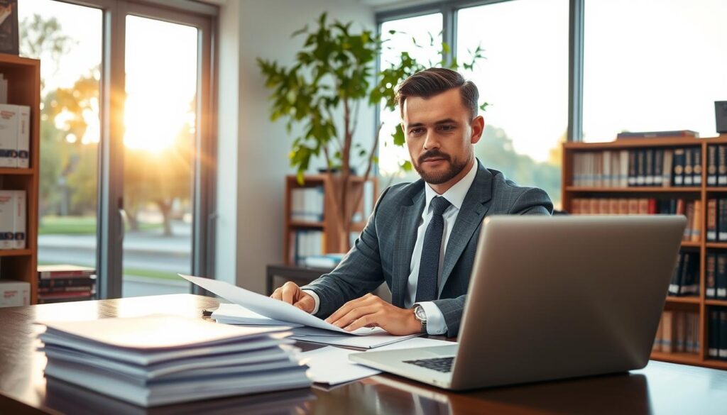 A professional-looking male examiner in formal business attire sits at a desk in an office. He has a focused expression as he reviews documents and assesses test results. In the foreground, a stack of papers and an open laptop showing exam statistics are visible. In the middle ground, a large window gives a view of a serene, tree-lined street, softly illuminated by warm afternoon sunlight. The background features a bookshelf filled with driving manuals and certification guides, enhancing the setting's scholarly atmosphere. The lighting is bright but soft, creating a welcoming ambiance. The overall mood reflects diligence and professionalism, perfectly capturing the essence of a WORD examiner. A professional-looking male examiner in formal business attire sits at a desk in an office. He has a focused expression as he reviews documents and assesses test results. In the foreground, a stack of papers and an open laptop showing exam statistics are visible. In the middle ground, a large window gives a view of a serene, tree-lined street, softly illuminated by warm afternoon sunlight. The background features a bookshelf filled with driving manuals and certification guides, enhancing the setting's scholarly atmosphere. The lighting is bright but soft, creating a welcoming ambiance. The overall mood reflects diligence and professionalism, perfectly capturing the essence of a WORD examiner.