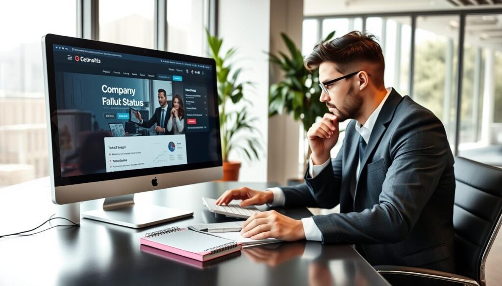 A professional looking office environment, with a modern computer displaying a business website on the screen in the foreground. A focused business person, dressed in smart casual attire, is seated at a sleek desk, thoughtfully examining the screen. In the middle, a notepad with a pen lies next to the keyboard, hinting at a step-by-step process being documented. The background shows large windows with natural light streaming in, illuminating the room and creating a productive atmosphere. A potted plant adds a touch of freshness. Capture the scene from a slightly elevated angle to emphasize the action of checking company status on the computer, suggesting clarity and purpose in the business environment.