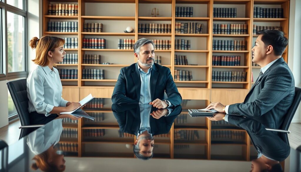 A professional mediator is seated at a sleek, modern conference table, engaging in a constructive dialogue with clients on either side. The mediator, a man in his late 30s, is dressed in a tailored navy suit and a light blue shirt, exuding confidence and approachability. On the left, a woman in business casual, wearing a crisp white blouse and black slacks, listens attentively, taking notes. On the right, a man in a tailored gray suit appears thoughtful, making eye contact. The room is warmly lit with natural light streaming through large windows, lending a calming atmosphere. In the background, bookshelves filled with legal texts and mediation resources add a professional touch. The angle captures the dynamics of the conversation, highlighting the mediator's role in facilitating communication and understanding.