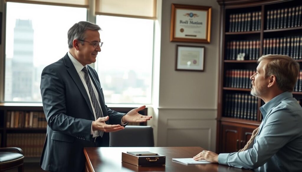 A professional mediator standing confidently in an elegant office filled with legal books and a large window showing a cityscape. The mediator, a middle-aged person in smart business attire, is engaged in a discussion with a couple seated across from a wooden table, both appearing attentive and neutral. Natural light filters through the window, casting a soft glow that creates a calm atmosphere. The focus is on the mediator’s expressive gestures and empathetic demeanor. In the background, a bookshelf lined with legal texts and a framed certificate of mediation hangs on the wall, adding to the professional setting. The overall mood conveys a sense of professionalism, support, and resolution.