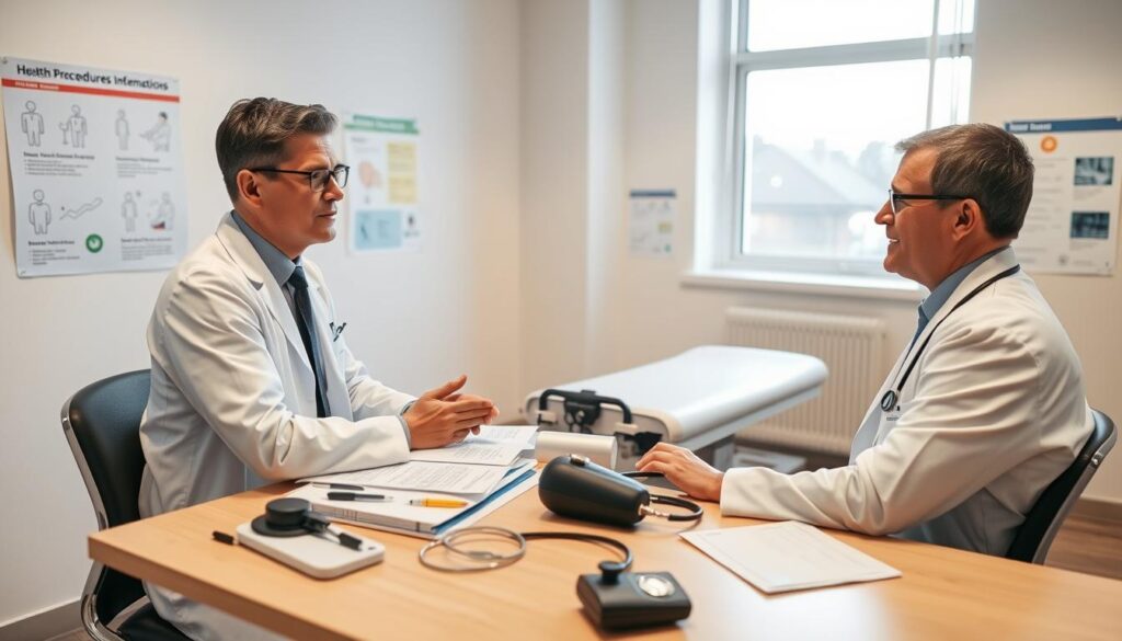 A professional medical examination room showcasing the procedural aspect of medical checks for students. In the foreground, a doctor in a white coat, wearing glasses, is seated at a desk filled with medical instruments and documents, attentively explaining the examination process to a well-dressed student in business casual attire. In the middle, the room features a medical examination table with a blood pressure monitor and a stethoscope, adding to the authenticity of the setting. The background includes educational posters about health procedures and a window allowing soft, natural light to illuminate the scene, creating a welcoming and informative atmosphere. The composition is shot from a slight angle to capture both the attention of the doctor and the student, emphasizing their interaction and the significance of medical examinations in academic life. A professional medical examination room showcasing the procedural aspect of medical checks for students. In the foreground, a doctor in a white coat, wearing glasses, is seated at a desk filled with medical instruments and documents, attentively explaining the examination process to a well-dressed student in business casual attire. In the middle, the room features a medical examination table with a blood pressure monitor and a stethoscope, adding to the authenticity of the setting. The background includes educational posters about health procedures and a window allowing soft, natural light to illuminate the scene, creating a welcoming and informative atmosphere. The composition is shot from a slight angle to capture both the attention of the doctor and the student, emphasizing their interaction and the significance of medical examinations in academic life.