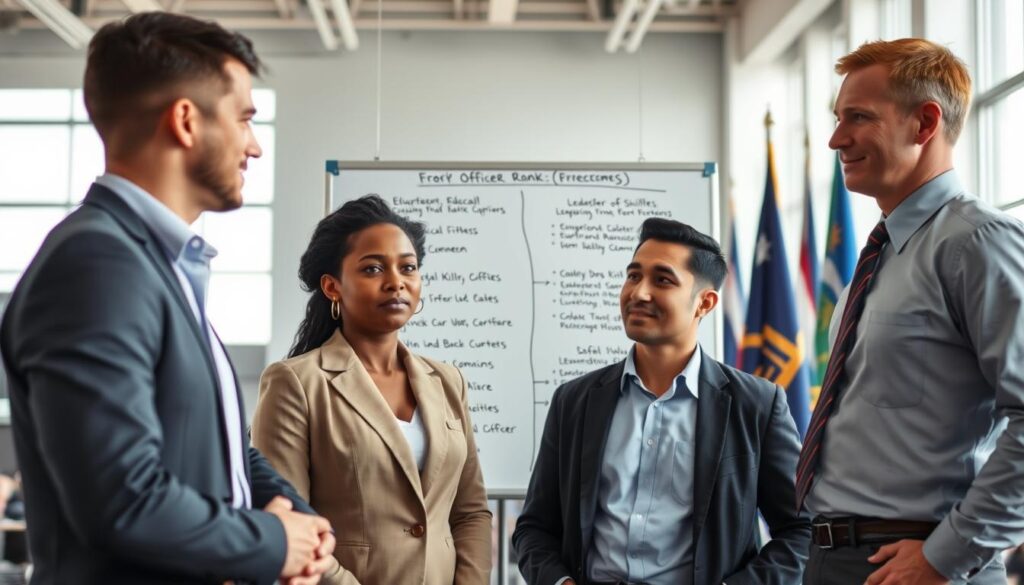 A professional military setting showcasing the requirements for obtaining an officer rank. In the foreground, a diverse group of three individuals in professional business attire, representing various ethnicities, engaged in a discussion with focused expressions. The middle ground features a large whiteboard with flowcharts and bullet points outlining key requirements, such as education, leadership skills, and physical fitness. The background displays a modern military environment with flags and training equipment. Natural lighting illuminates the scene, creating a serious and motivational atmosphere. The angle is a slightly high viewpoint, capturing both the individuals and the information being discussed clearly, emphasizing the importance of the requirements for aspiring military officers. A professional military setting showcasing the requirements for obtaining an officer rank. In the foreground, a diverse group of three individuals in professional business attire, representing various ethnicities, engaged in a discussion with focused expressions. The middle ground features a large whiteboard with flowcharts and bullet points outlining key requirements, such as education, leadership skills, and physical fitness. The background displays a modern military environment with flags and training equipment. Natural lighting illuminates the scene, creating a serious and motivational atmosphere. The angle is a slightly high viewpoint, capturing both the individuals and the information being discussed clearly, emphasizing the importance of the requirements for aspiring military officers.