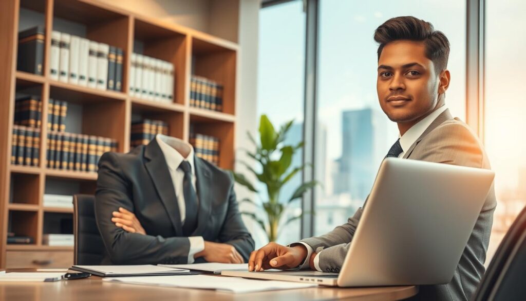 A professional, modern office setting with a focus on the role of a probation officer. In the foreground, a confident and attentive individual dressed in professional business attire, seated at a desk with a laptop and legal documents. The middle of the image showcases shelves filled with legal books and a small plant that adds a touch of warmth. In the background, a large window allowing natural light to pour in, revealing a cityscape. The lighting is bright yet soft, creating a welcoming atmosphere. The composition should highlight professionalism and expertise, with a slight blur on the background to emphasize the subject. Overall, the mood conveys determination, responsibility, and the importance of the probation officer's role in the judicial system. A professional, modern office setting with a focus on the role of a probation officer. In the foreground, a confident and attentive individual dressed in professional business attire, seated at a desk with a laptop and legal documents. The middle of the image showcases shelves filled with legal books and a small plant that adds a touch of warmth. In the background, a large window allowing natural light to pour in, revealing a cityscape. The lighting is bright yet soft, creating a welcoming atmosphere. The composition should highlight professionalism and expertise, with a slight blur on the background to emphasize the subject. Overall, the mood conveys determination, responsibility, and the importance of the probation officer's role in the judicial system.