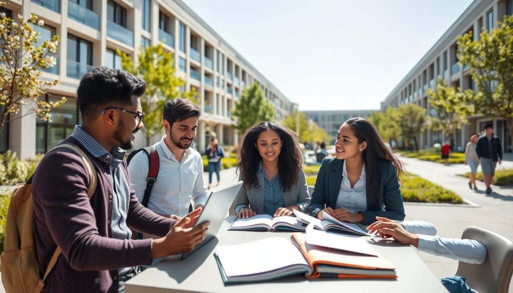 A professional, modern university campus scene depicting students engaged in study and discussion about scholarship rates. In the foreground, a diverse group of four students, wearing smart casual clothes, are gathered around a table with laptops and textbooks, animatedly discussing various scholarship topics. The middle ground features contemporary building architecture, with greenery and students walking between classes. In the background, a clear blue sky and bright sunlight illuminate the scene, creating an upbeat atmosphere. The image should evoke a sense of ambition, opportunity, and academic pursuit. Use a wide-angle lens perspective to capture the vibrancy of campus life while ensuring clarity and focus on the students' interaction.