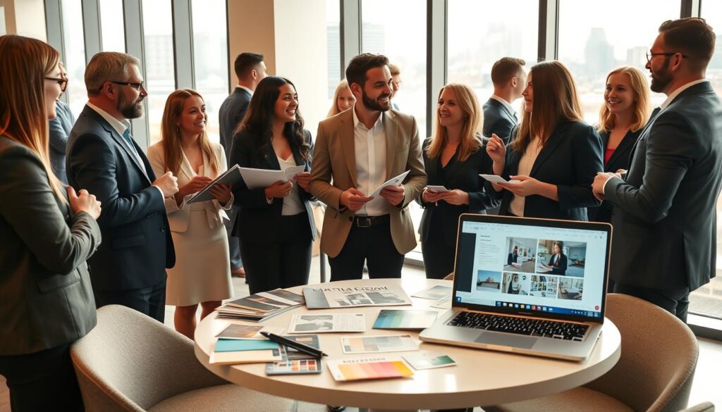 A professional networking event set in a stylish, modern office space. In the foreground, diverse individuals in professional business attire engage in conversation, sharing ideas and exchanging business cards with smiles. In the middle, a round table displays design portfolios and vibrant color swatches, while a laptop shows interior design software open on the screen. In the background, large windows let in natural light, revealing a bustling cityscape outside, hinting at opportunity. The lighting is warm and inviting, creating an atmosphere of collaboration and creativity. The scene captures the essence of building connections and acquiring clients in the interior design industry. A professional networking event set in a stylish, modern office space. In the foreground, diverse individuals in professional business attire engage in conversation, sharing ideas and exchanging business cards with smiles. In the middle, a round table displays design portfolios and vibrant color swatches, while a laptop shows interior design software open on the screen. In the background, large windows let in natural light, revealing a bustling cityscape outside, hinting at opportunity. The lighting is warm and inviting, creating an atmosphere of collaboration and creativity. The scene captures the essence of building connections and acquiring clients in the interior design industry.