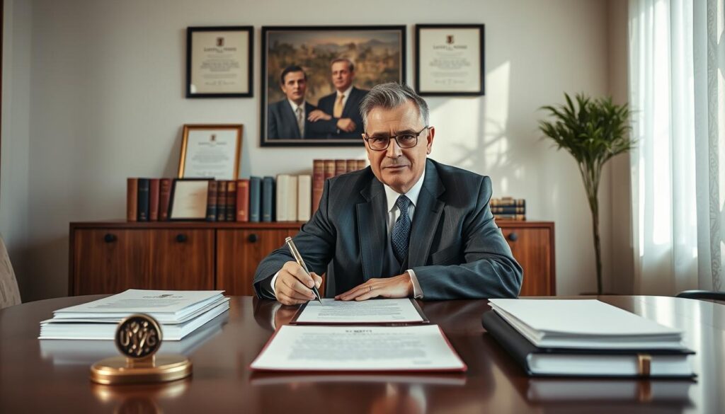 A professional notary public in Poland, seated at a stylish, modern desk in an official office, is conducting a signing session. The notary, a middle-aged individual dressed in a well-fitted suit, looks engaged and focused, holding a pen over a legal document. The foreground showcases the elegant office setup with a traditional seal and stacks of papers. In the middle, framed certificates and legal books are visible, displaying the professionalism of the notarial profession. The background features a large window allowing natural light to flood the room, casting gentle shadows. The atmosphere is serious yet inviting, emphasizing professionalism and trust. The image should maintain a warm, balanced light, captured from a slightly elevated angle to convey depth.