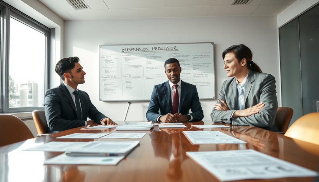 A professional office environment depicting a diverse group of individuals engaged in a business meeting focused on the suspension of business activities. In the foreground, three people (two men and one woman) clad in formal business attire are discussing documents laid out on a polished conference table. In the middle background, a whiteboard displays outlined steps of the business suspension procedure, with charts and bullet points. Soft natural light streams through large windows, creating a warm and inviting atmosphere. The camera angle is slightly elevated, capturing both the team’s engaged expressions and the detailed notes on the table. The overall mood is serious yet collaborative, illustrating the importance of proper procedure in business.