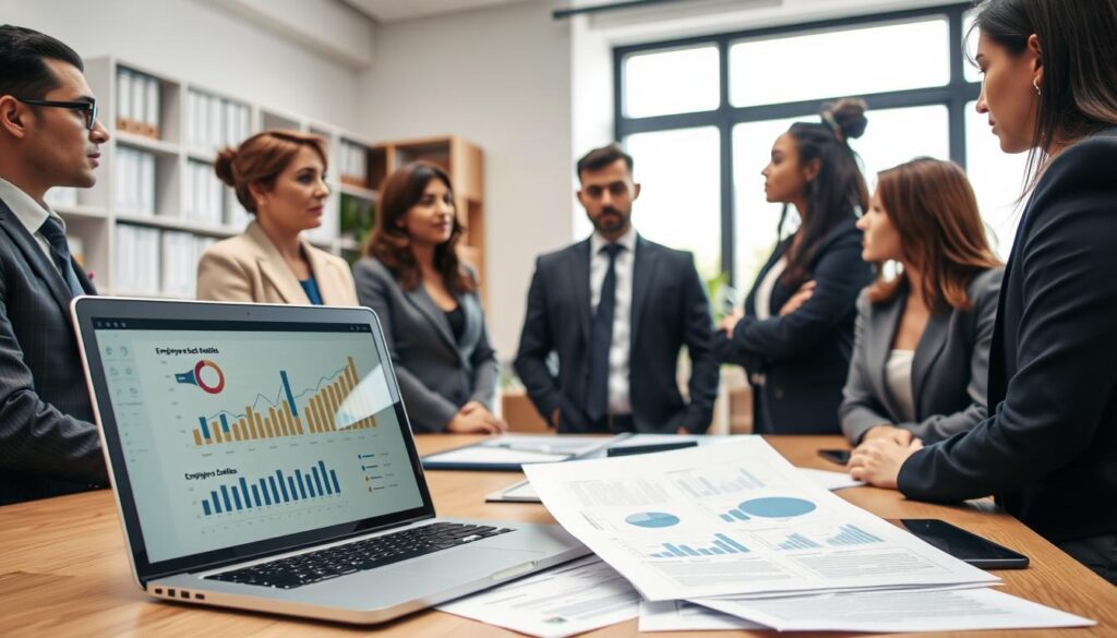 A professional office environment depicting an employer's responsibilities regarding sick leave payments. In the foreground, a diverse group of employees in smart business attire engaged in a discussion, showing concern and professionalism. The middle layer features an open laptop displaying charts and graphs related to employee benefits, while documents regarding sick leave policies are visible on the desk. The background includes a well-organized office space with shelves of books and a large window allowing natural light to filter in, creating a warm and inviting atmosphere. The mood is serious yet collaborative, emphasizing the importance of employer duties in managing employee health and compensation. The scene captures a sense of responsibility and support in the workplace. A professional office environment depicting an employer's responsibilities regarding sick leave payments. In the foreground, a diverse group of employees in smart business attire engaged in a discussion, showing concern and professionalism. The middle layer features an open laptop displaying charts and graphs related to employee benefits, while documents regarding sick leave policies are visible on the desk. The background includes a well-organized office space with shelves of books and a large window allowing natural light to filter in, creating a warm and inviting atmosphere. The mood is serious yet collaborative, emphasizing the importance of employer duties in managing employee health and compensation. The scene captures a sense of responsibility and support in the workplace.