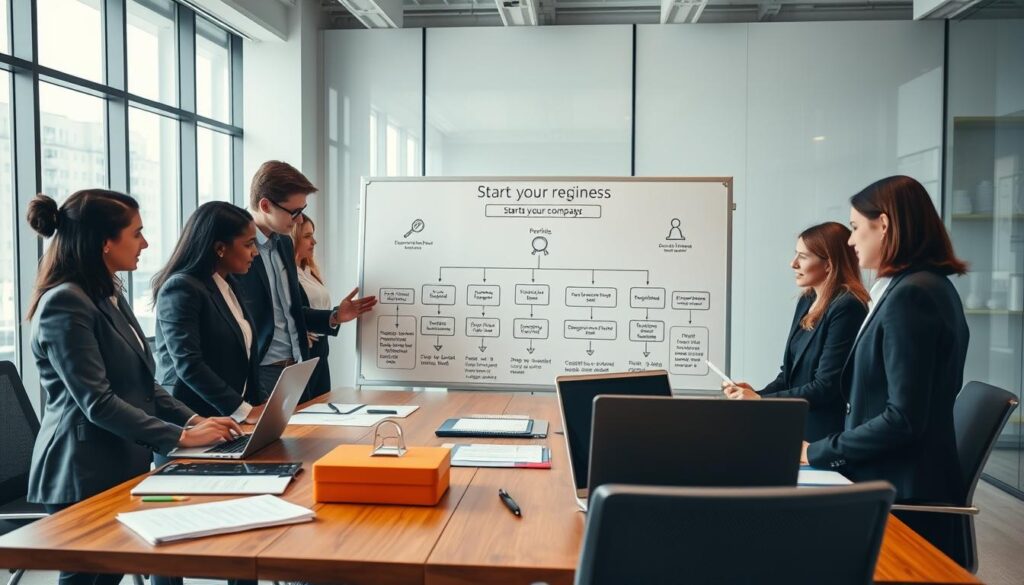 A professional office environment depicting the formalities of starting a business. In the foreground, a diverse group of individuals, dressed in smart business attire, intently discussing over a table filled with legal documents, laptops, and stationery. In the middle, a large whiteboard with flowcharts outlining the steps to register a company, along with icons representing permits and regulations. The background features a modern office setting with large windows allowing natural light to illuminate the scene, conveying a sense of clarity and purpose. The atmosphere is focused and collaborative, highlighting the seriousness of the business initialization process. The image is captured from a slightly elevated angle, emphasizing the details on the table and the engaged expressions of the participants.