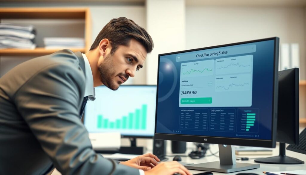 A professional office environment featuring a computer screen displaying a digital interface for checking a company's status by NIP number. In the foreground, a business professional, dressed in smart casual attire, is interacting with the screen, leaning slightly forward with a focused expression. The middle section includes a clear view of the computer, showing graphs and company information, enhancing the sense of a thorough investigation. In the background, there are blurred shelves filled with documents and office supplies, adding depth to the scene. The lighting is bright and clean, emulating a productive work atmosphere, while a slight lens blur focuses on the subject to indicate action and engagement with the task at hand. The overall mood is professional and informative, encouraging others to seek out business status through reliable means.
