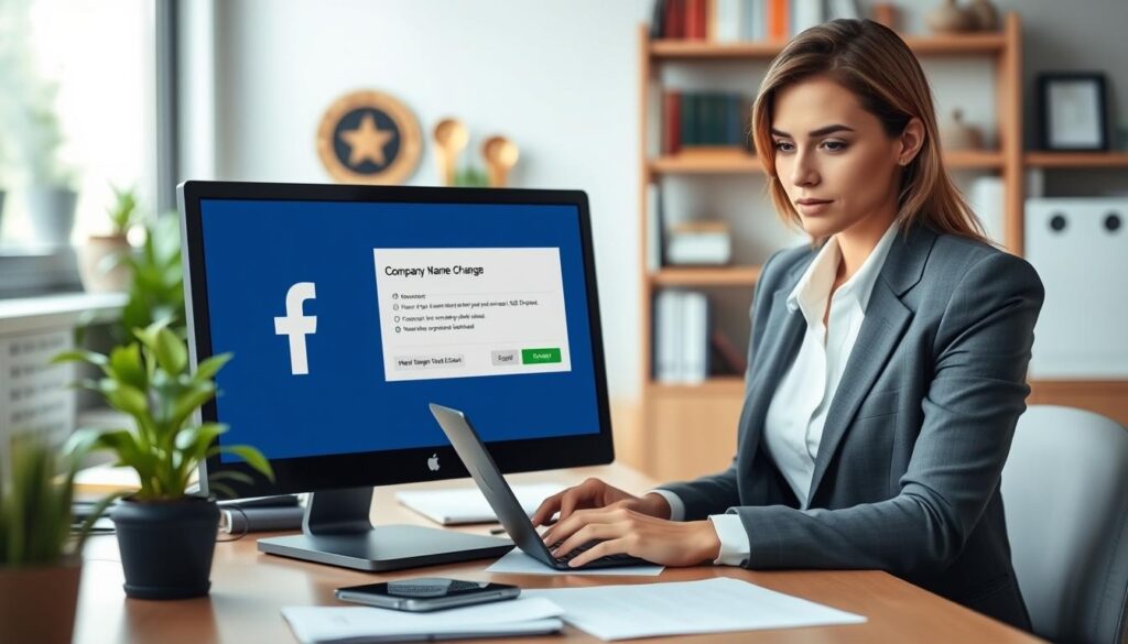 A professional office environment featuring a computer screen displaying the Facebook logo and a company name change interface. In the foreground, a focused businesswoman in professional attire types on her laptop, a look of concentration on her face. The middle ground showcases a desk with neatly organized paperwork, a smartphone displaying notifications, and a potted plant for added warmth. In the background, blurred shelves filled with books and awards suggest a successful business setting. Soft, natural lighting streams in from a window, creating an inviting atmosphere. The color palette is calming, with blues and greens predominating, emphasizing a sense of professionalism and clarity. The overall mood is determined and proactive, reflecting the essence of changing a company's name on Facebook.